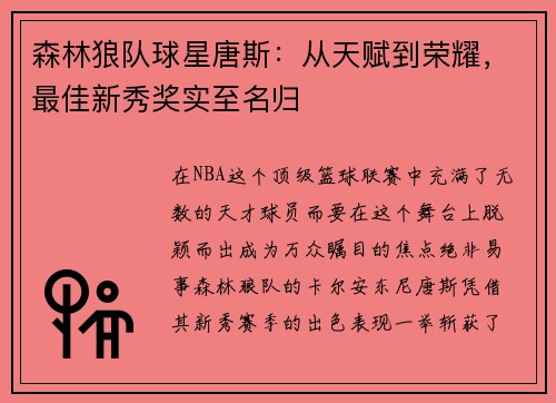 森林狼队球星唐斯：从天赋到荣耀，最佳新秀奖实至名归